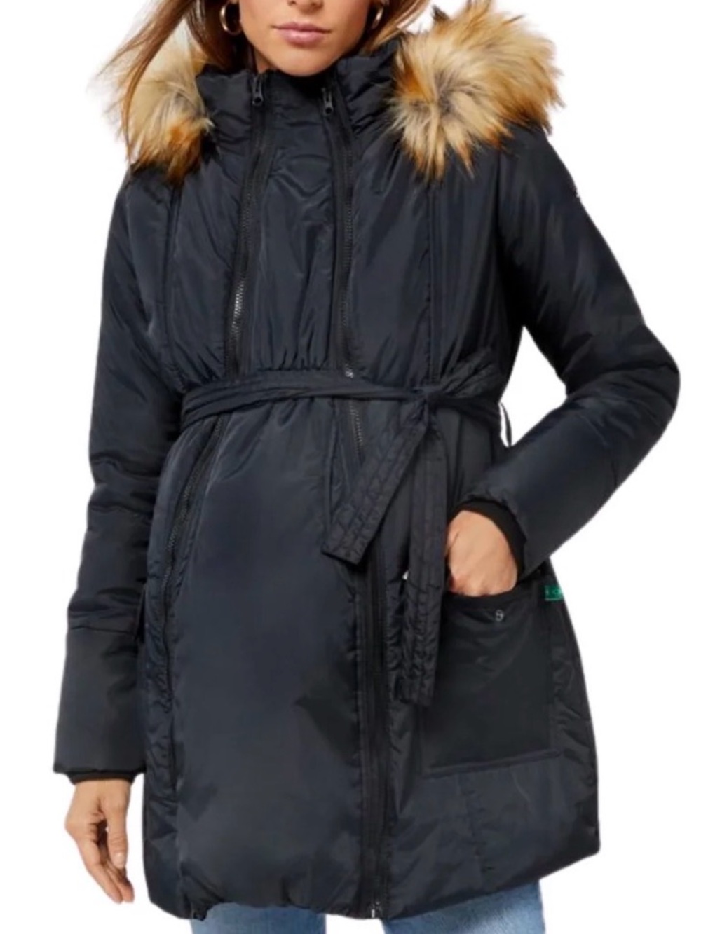 Modern Eternity 3 in 1 Maternity Coat. Black Puffer Coat with Faux-Fur Trim
